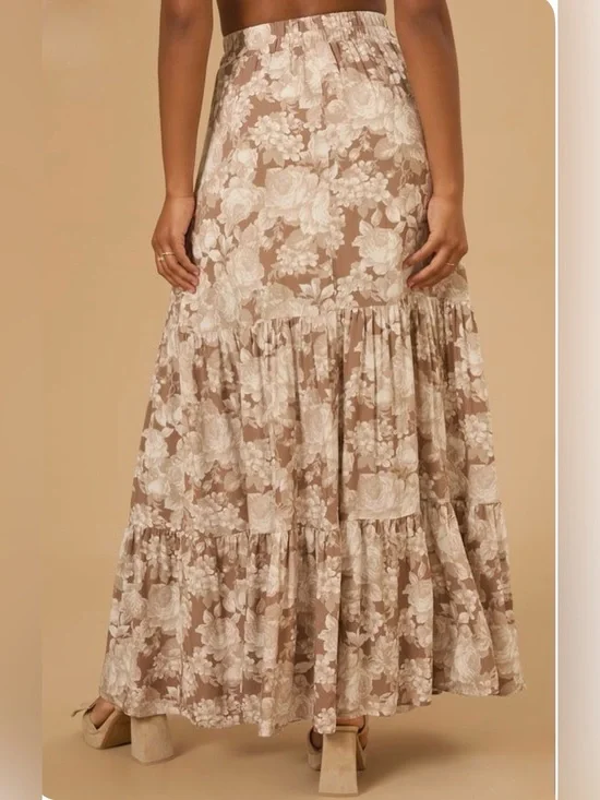 ARULA Rynn Beige Floral Tiered Maxi Skirt with Front Slit sz 22/24